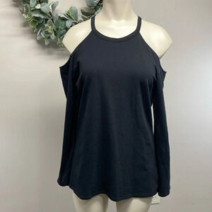 Boston Proper Cold Shoulder Black Knit Wide Sleeve Top L